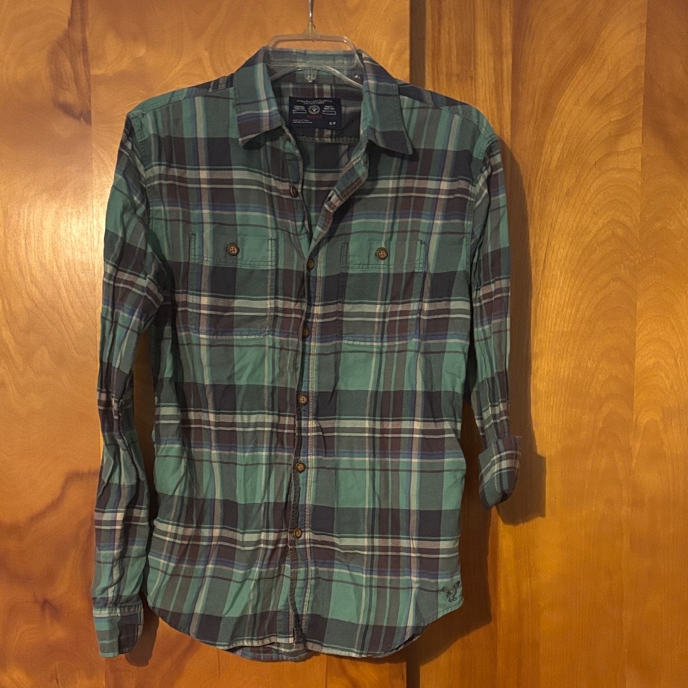 American Eagle Outfitters Teal and Navy Plaid Shirt EUC S